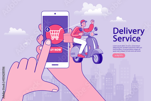 Online delivery service concept. Fast delivery by scooter via mobile phone. Man riding motorcycle. Vector illustration.