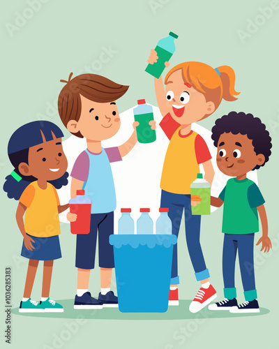 Excited children eagerly line up to take turns crushing empty plastic bottles at a recyclingthemed carnival hosted by their towns recycling center.. Vector illustration photo