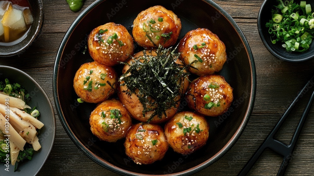 Delicious Takoyaki with Seaweed and Green Onion