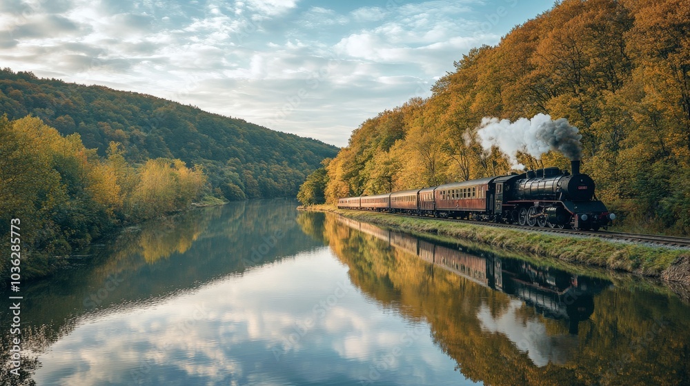 Obraz premium A vintage locomotive traveling along a winding river, with scenic views of trees and hills reflected in the calm water.