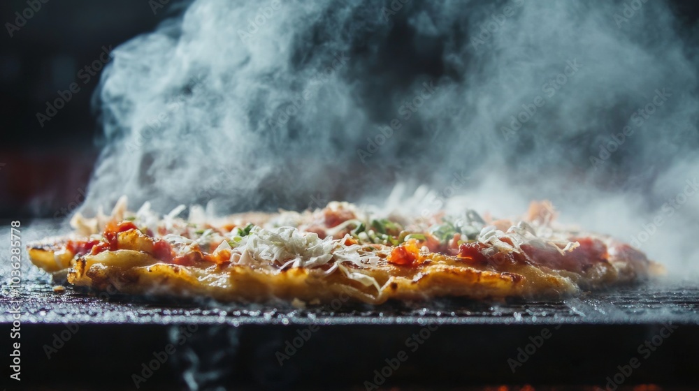 Freshly Cooked Pizza on Grill with Smoky Atmosphere Freshly Cooked Pizza on Grill with Smoky Atmosphere