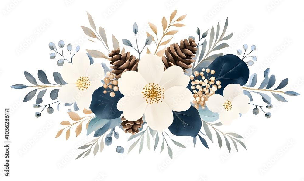 Obraz premium silver_and_gold_colors_christmas_colors,clean_edge_watercolor_graphic_round_winter_floral,super_felt_style_cartoon_A_small_boy_with_balloons,generation AI