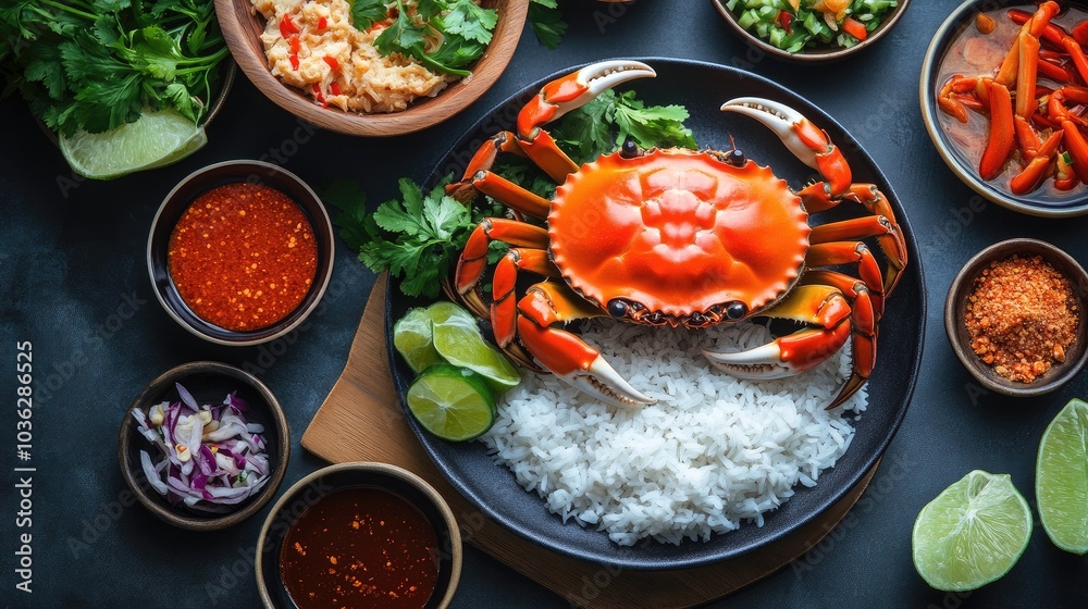 Fresh Crab with Rice and Spices on Dark Background Fresh Crab with Rice and Spices on Dark Background