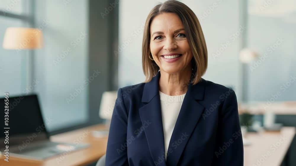 Middle-aged American woman with a business suit and a friendly look. Video Middle-aged American woman with a business suit and a friendly look. Video