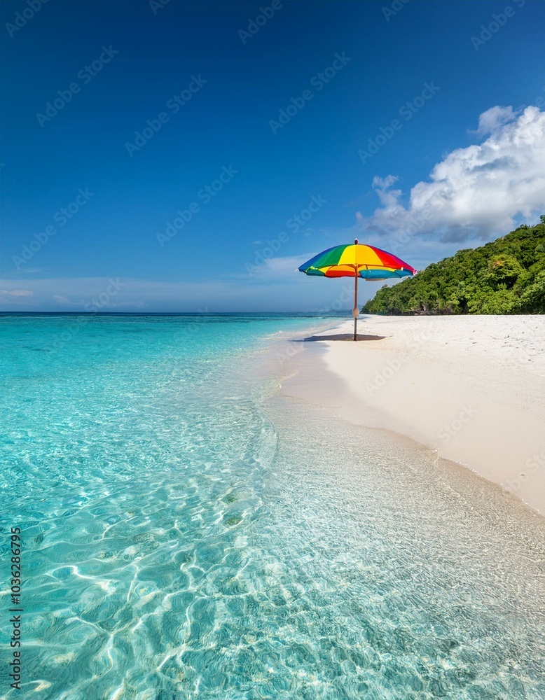 Colorful umbrella on a white beach