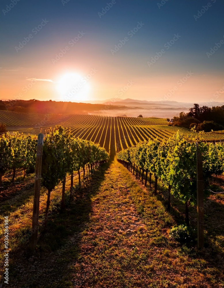Naklejka premium Vineyard rows at sunset