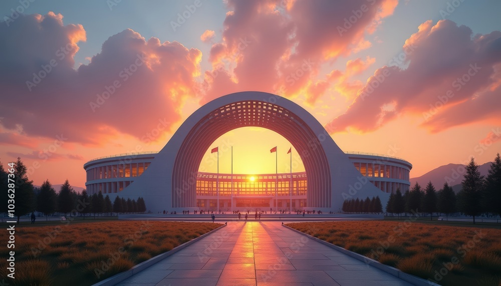 Obraz premium Architectural marvel at sunset evoking a sense of grandeur and tranquility
