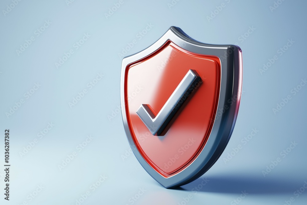 3D shield graphic with a check mark symbolizing security and trust in a digital environment 3D shield graphic with a check mark symbolizing security and trust in a digital environment