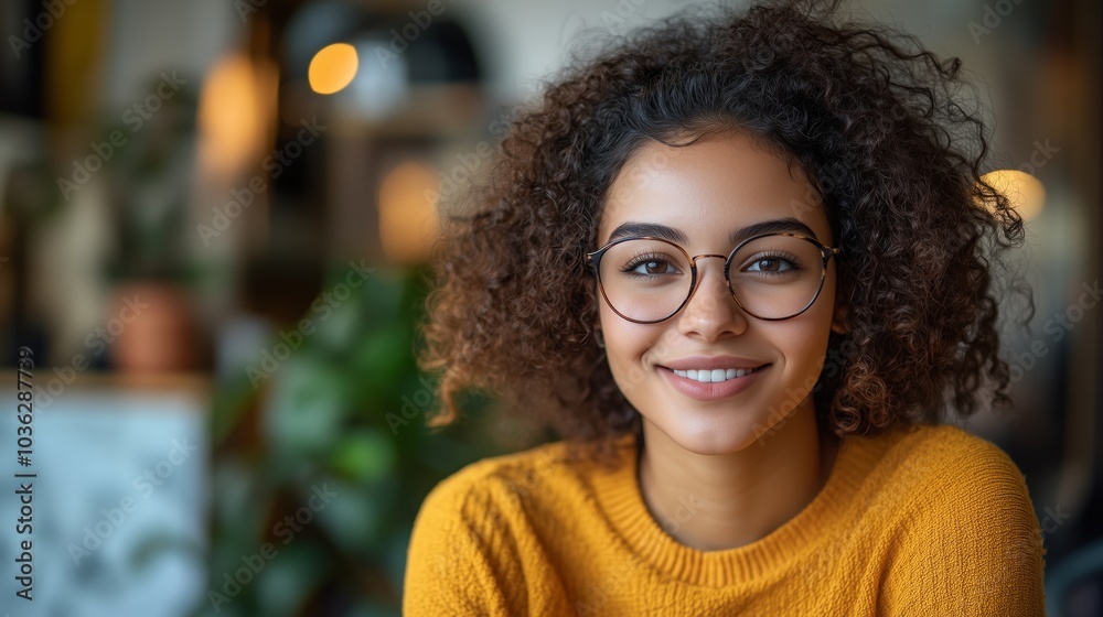 Portrait of a happy, smiling young woman with curly hair wearing glasses, looking at the camera while sitting in a room Portrait of a happy, smiling young woman with curly hair wearing glasses, looking at the camera while sitting in a room