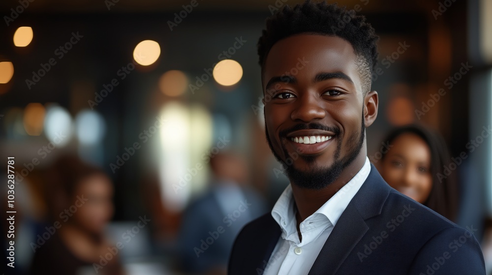 Portrait of a smiling young African businessman standing in front of his business team Portrait of a smiling young African businessman standing in front of his business team