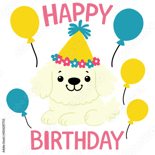 Cute dog with birthday hat and balloons for a happy birthday celebration. Vector graphic greeting card background.