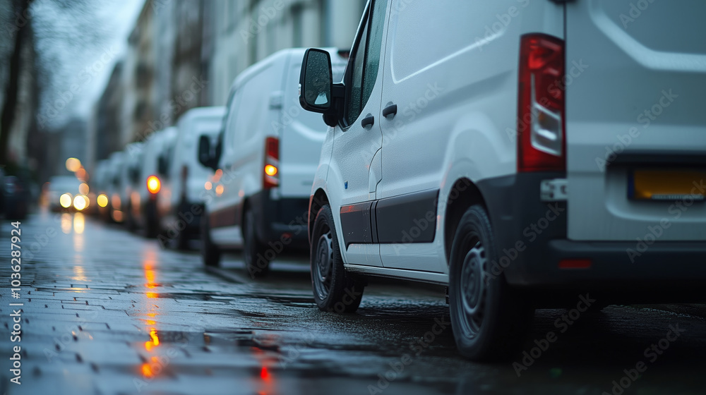 row of white delivery vehicles parked on the side row of white delivery vehicles parked on the side