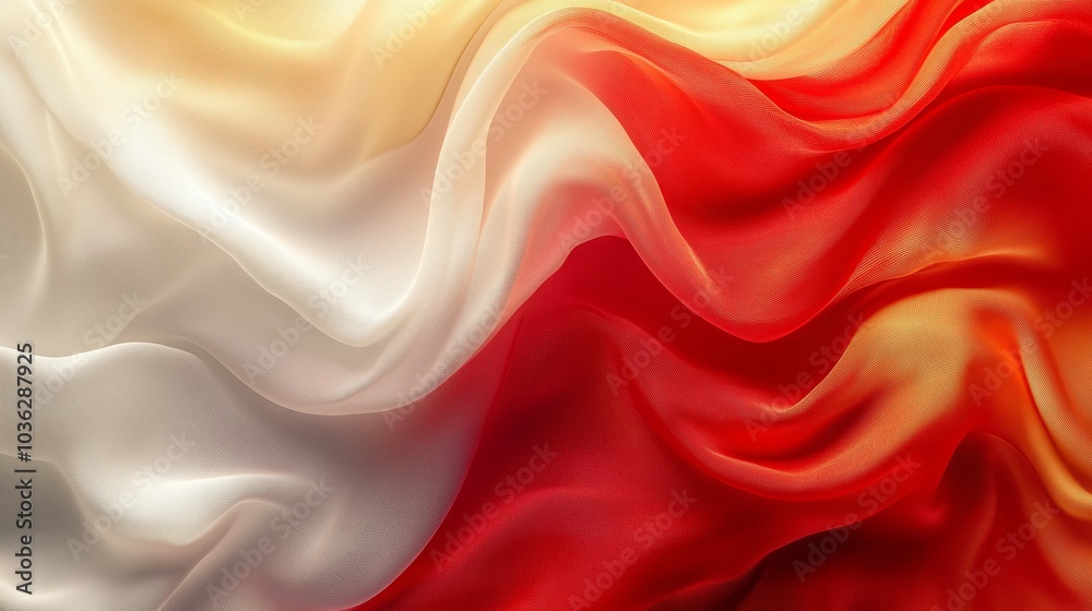 Obraz premium Red, white, and gold colors in an abstract composition with flowing shapes and textures.
