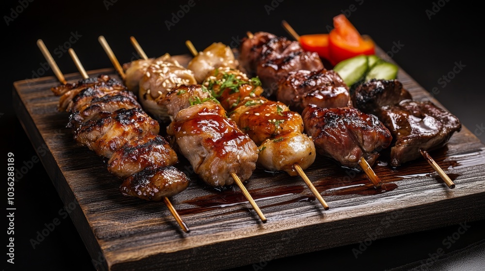 Delicious assortment of grilled skewered meats Delicious assortment of grilled skewered meats