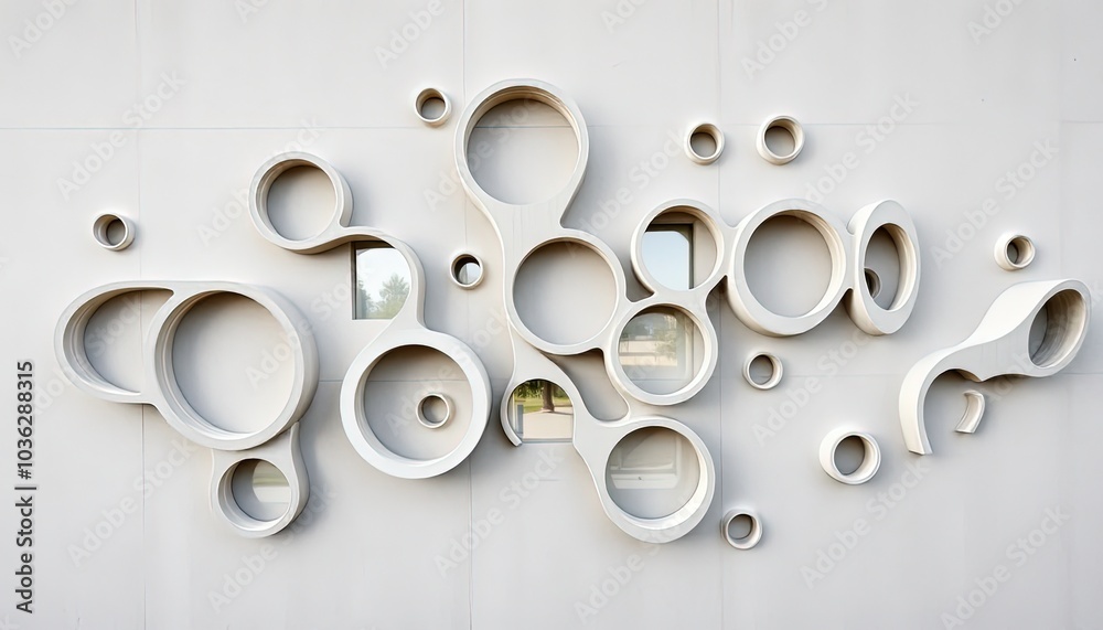 Abstract wall art featuring circular forms and cutouts.