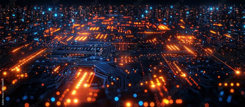 Illuminated Circuit Board with Orange and Blue Lights Illuminated Circuit Board with Orange and Blue Lights