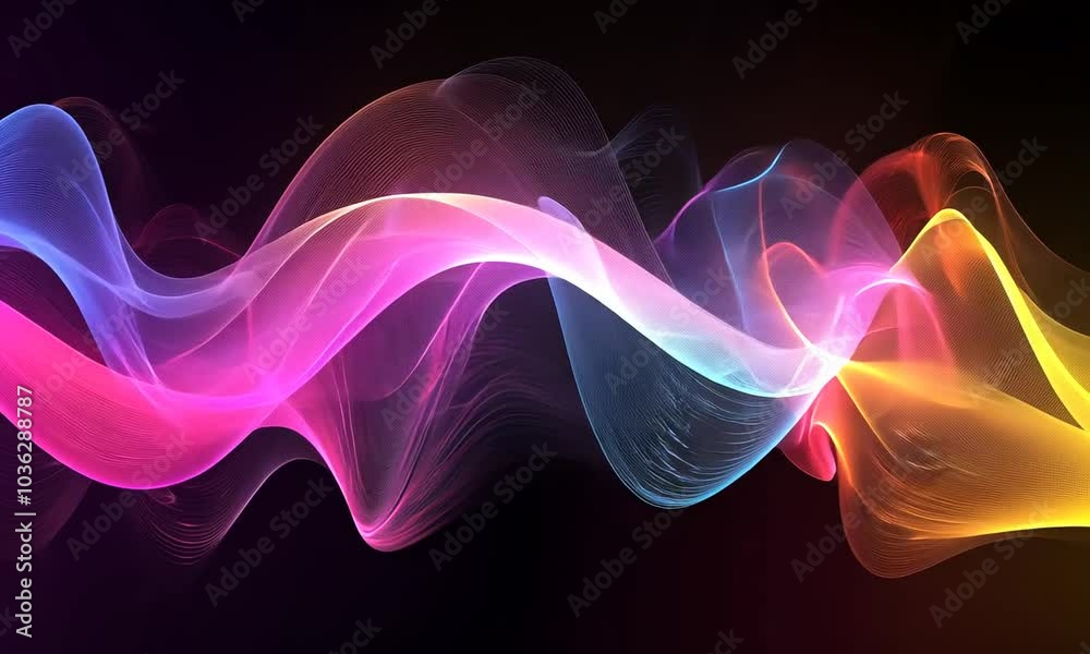 Abstract background with glowing neon pink, blue and yellow wavy lines on black background.