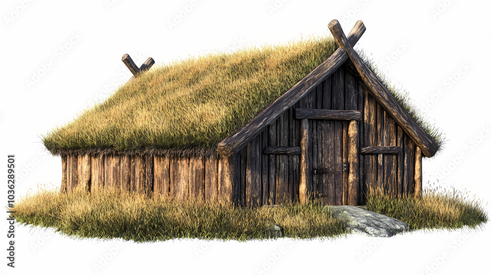 Fototapeta premium Traditional viking longhouse with grass roof, cut out - stock png. Viking Longhouse. Illustration