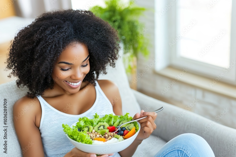 Smiling woman enjoying a fresh fruit and vegetable salad Smiling woman enjoying a fresh fruit and vegetable salad