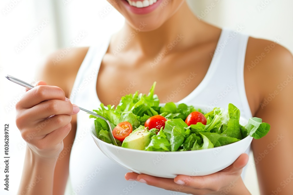 Woman holding a fresh green salad with tomatoes and avocado Woman holding a fresh green salad with tomatoes and avocado