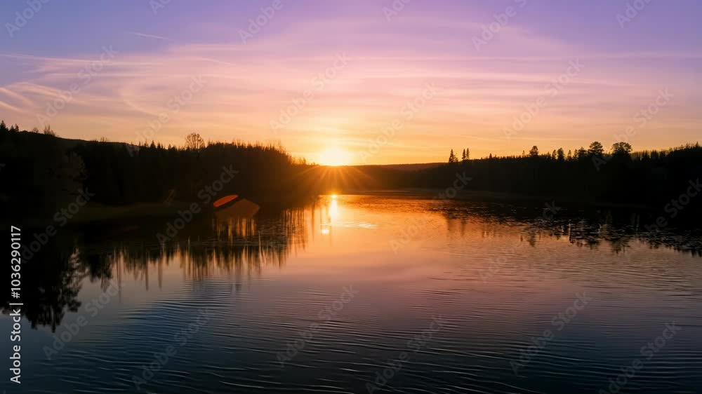 Beautiful sunset over a lake with a small cabin in the distance. hyperrealistic Beautiful sunset over a lake with a small cabin in the distance. hyperrealistic