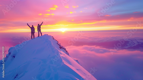 Two climbers standing on a snowy mountain peak at sunrise, capturing a breathtaking view