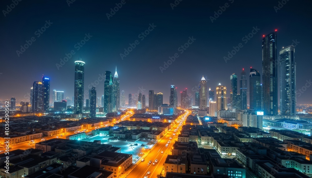 Fototapeta premium Vibrant cityscape at night illuminated by bright lights