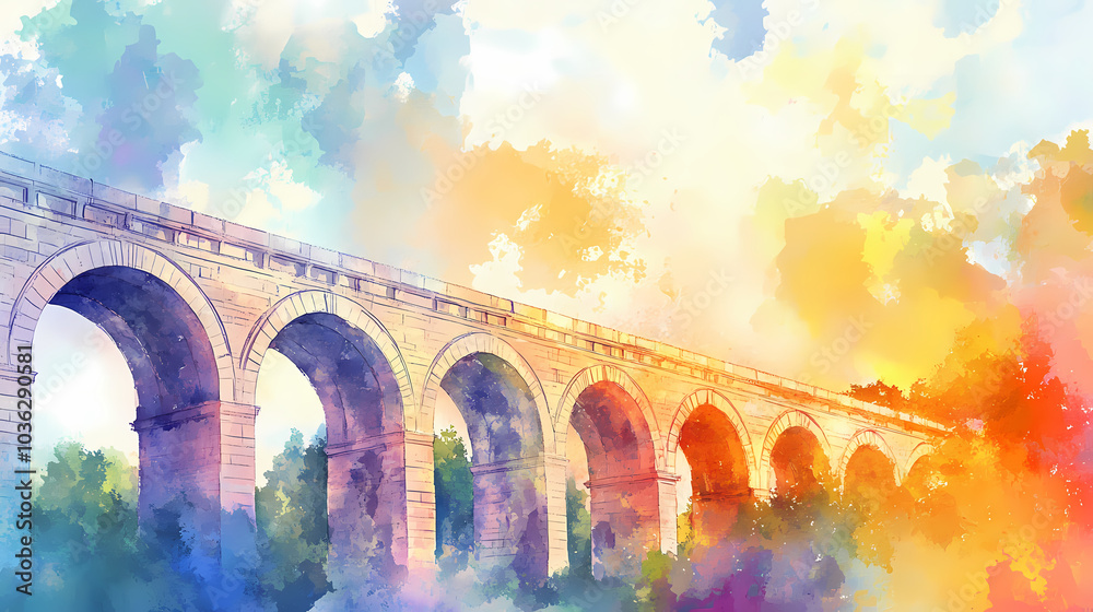 Obraz premium Watercolor illustration of a roman aqueduct clipart. Roman Aqueduct. Illustration