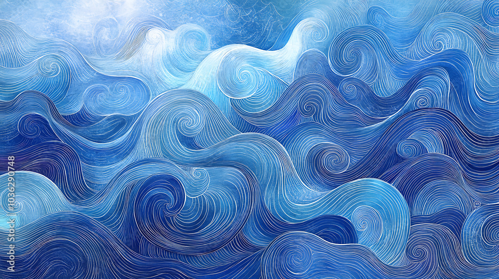 Fototapeta premium Whimsical ocean waves illustration featuring playful swirls in various shades of blue, creating serene and artistic atmosphere