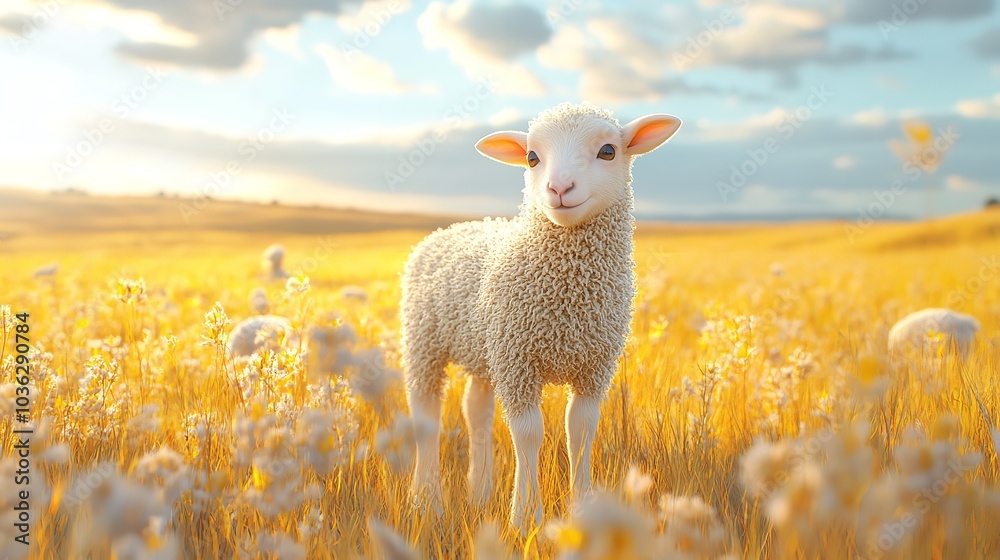 Adorable 3D Cute Baby Sheep Standing in a Soft Pastel Yellow Meadow, Radiating Innocence and Charm Adorable 3D Cute Baby Sheep Standing in a Soft Pastel Yellow Meadow, Radiating Innocence and Charm