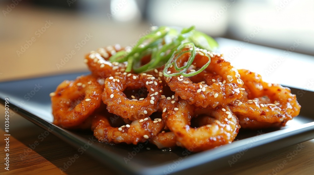 Crispy Fried Calamari with Green Onion Garnish Crispy Fried Calamari with Green Onion Garnish