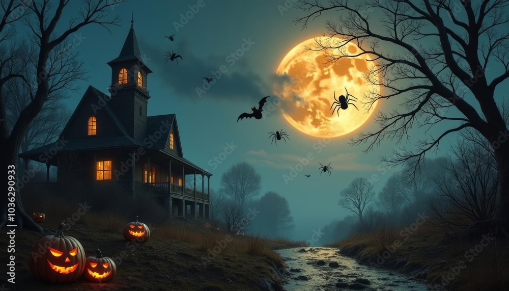 Spooky Halloween night with jackolanterns and bats under a full moon Spooky Halloween night with jackolanterns and bats under a full moon