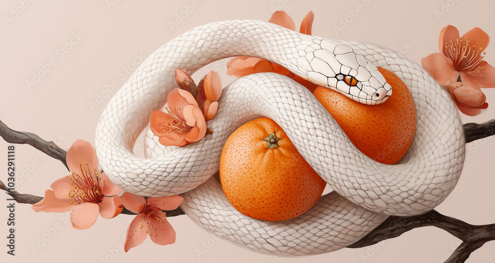 Fototapeta premium A white snake and oranges