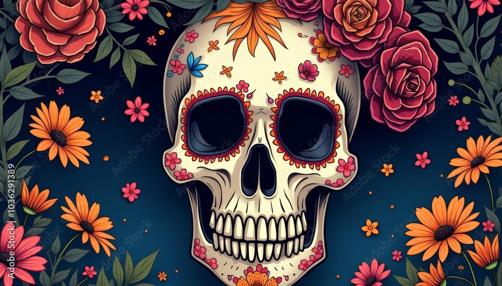 Elegant skull with floral adornment symbolizing beauty and life amidst mortality Elegant skull with floral adornment symbolizing beauty and life amidst mortality