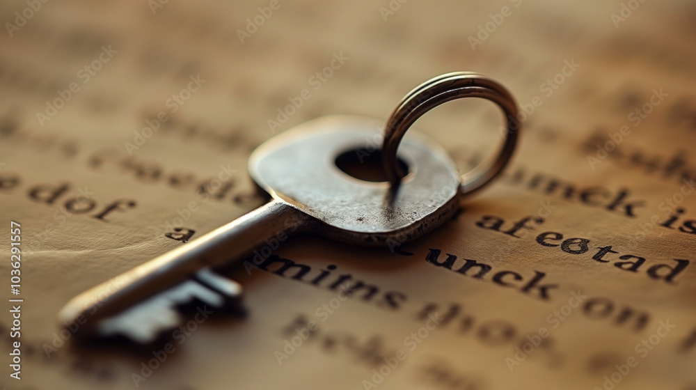 Antique metal key placed on an old book page with blurred text in the background Antique metal key placed on an old book page with blurred text in the background
