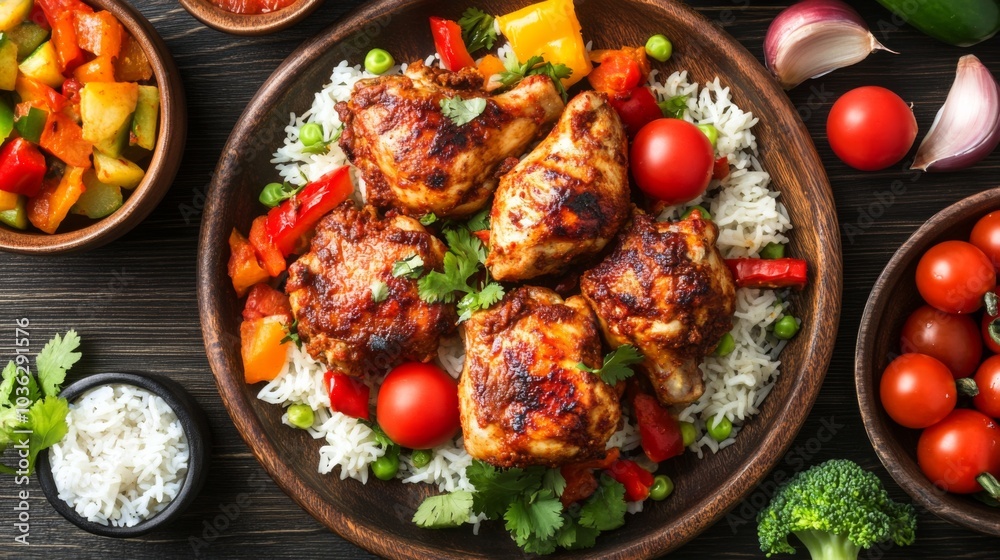 Grilled Chicken with Rice and Vegetables on Wooden Table Grilled Chicken with Rice and Vegetables on Wooden Table