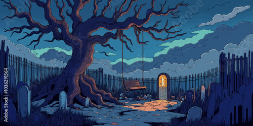 Spooky Graveyard on a Windy Night Digital art vector illustration. Halloween theme graveyard night Landscape