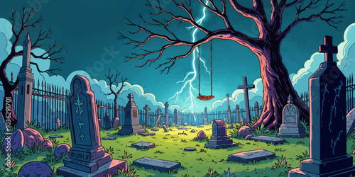 Spooky Graveyard on a Windy Night Digital art vector illustration. Halloween theme graveyard night Landscape
