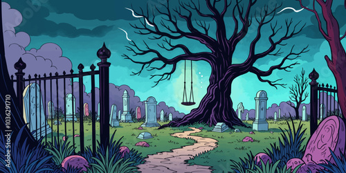 Spooky Graveyard on a Windy Night Digital art vector illustration. Halloween theme graveyard night Landscape