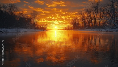 Golden Sunset Reflected in a River, Winter Landscape
