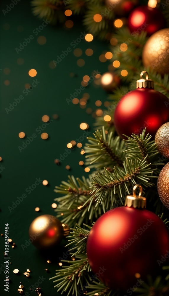 Christmas ornaments background, close-up of red and gold baubles with sparkling tinsel, festive and joyful