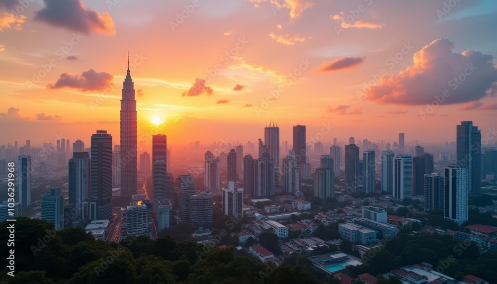 Fototapeta premium Cityscape at sunrise with clouds and skyscrapers