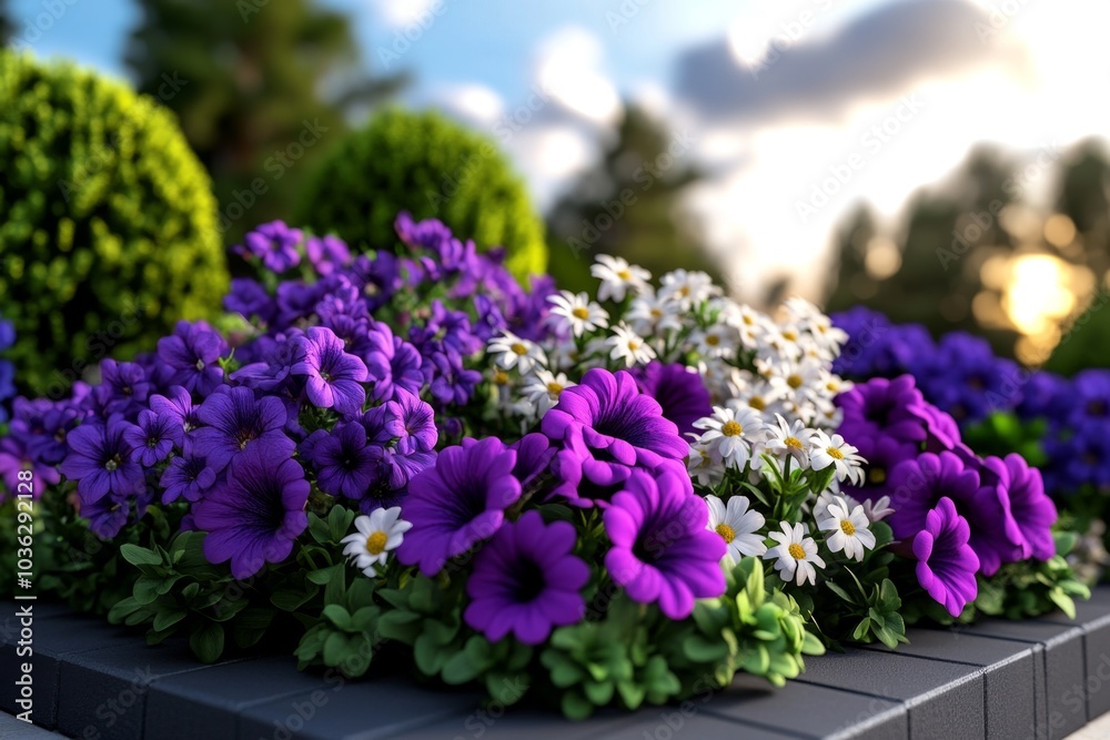 Obraz premium A 3D-rendered garden scene featuring Potentilla, Malva, and Petunia flowers, with dynamic light and shadow effects highlighting the plants’ details