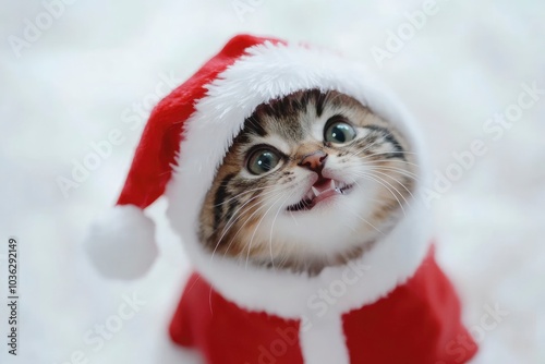 New Year greeting card. Cat in Santa costume is smiling. Kitten on the white background. Happy Kitten Santa Claus. Merry Christmas. Happy New Year , ai
