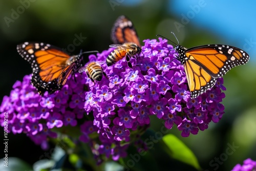 A Buddleja bush covered in purple flowers, with butterflies and bees buzzing around the blooms photo