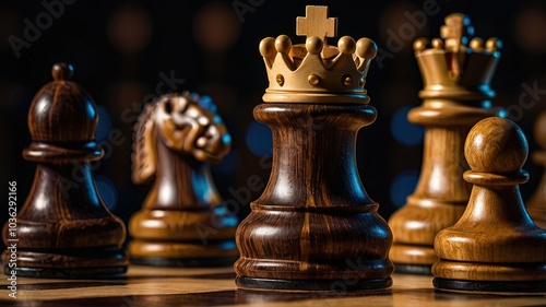 Close-up of a wooden chess set with various pieces displayed.