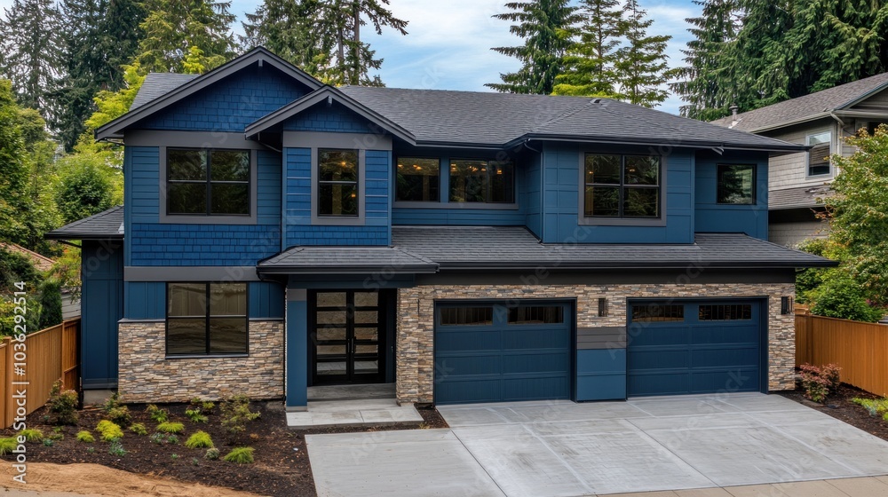 Modern Blue House with Stone Accents