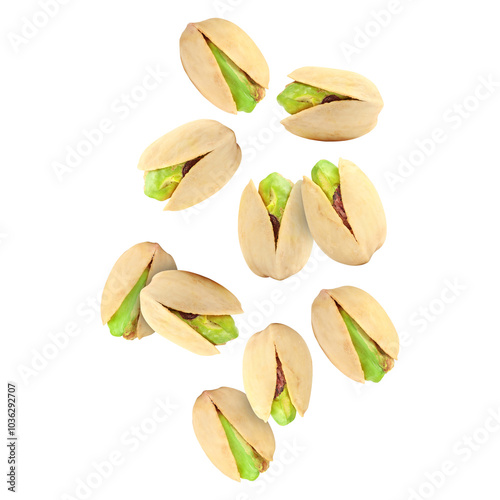 Wallpaper Mural Tasty pistachios in air on white background Torontodigital.ca