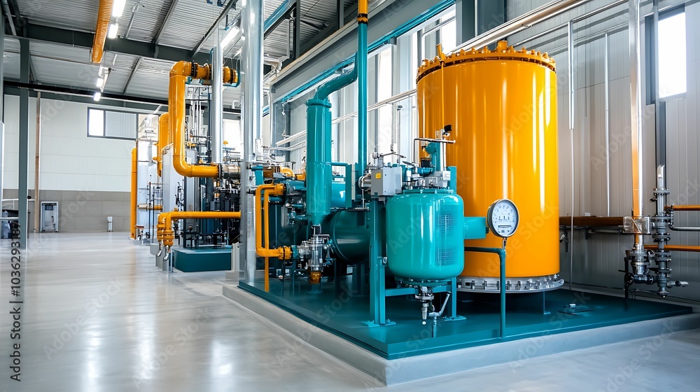 Fototapeta premium A modern industrial facility featuring large tanks, pipes, and equipment used for energy or chemical processing, emphasizing manufacturing and technology.