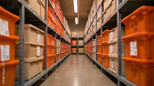 Organized storage facility with orange bins and shelves